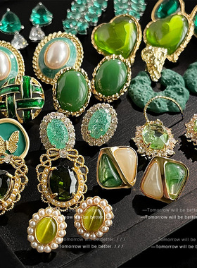 绿色925银耳钉复古耳环夏天祖母绿锆石小众中古风气质高级感耳饰