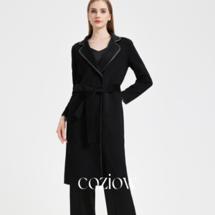 coziow 双面羊绒羊毛混纺呢大衣女 撞色皮边收腰中长款毛呢外套