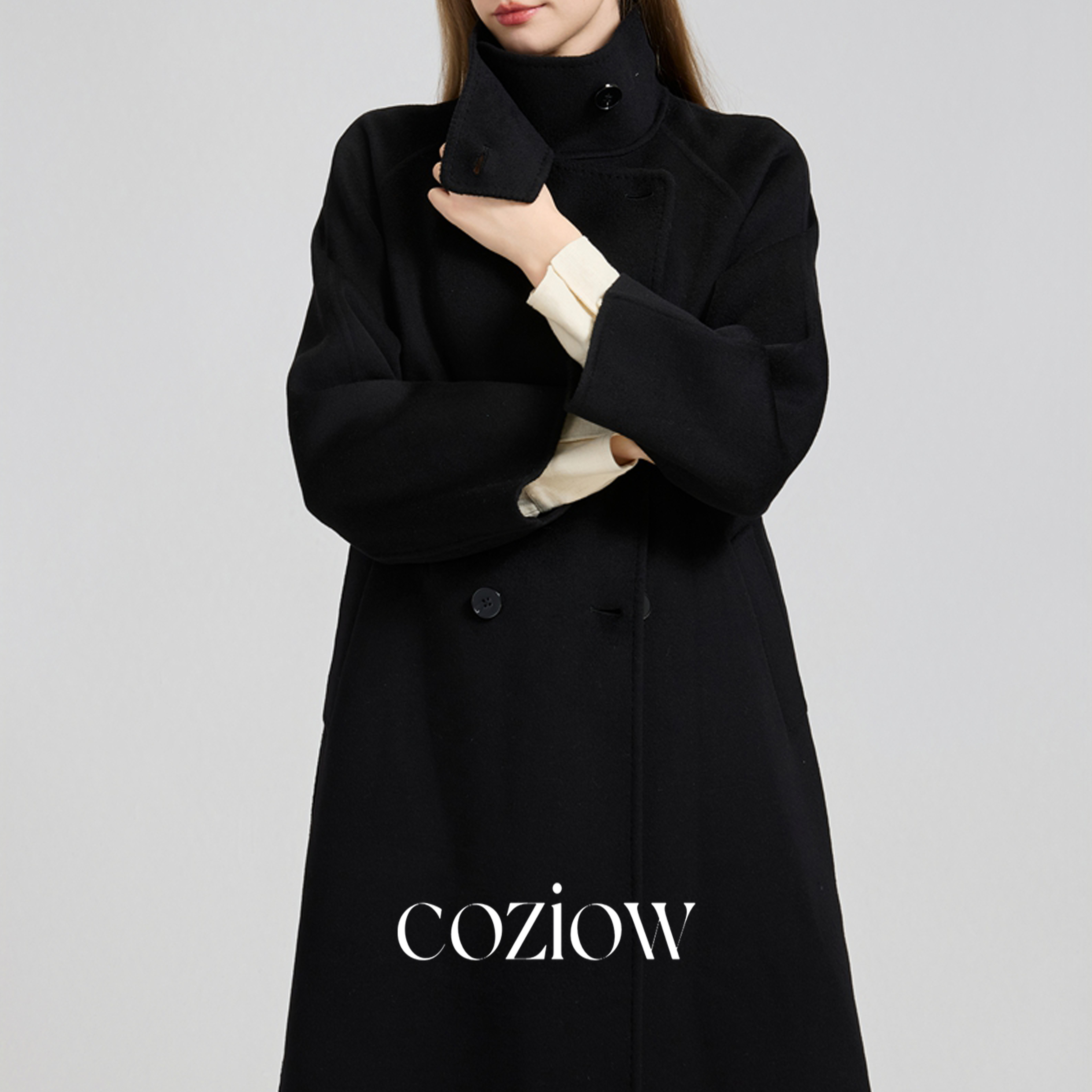 coziow 经典黑色呢大衣女 系带收腰中长款秋冬气质羊毛羊绒呢外套