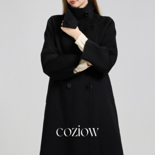 coziow 经典黑色呢大衣女 系带收腰中长款秋冬气质羊毛羊绒呢外套