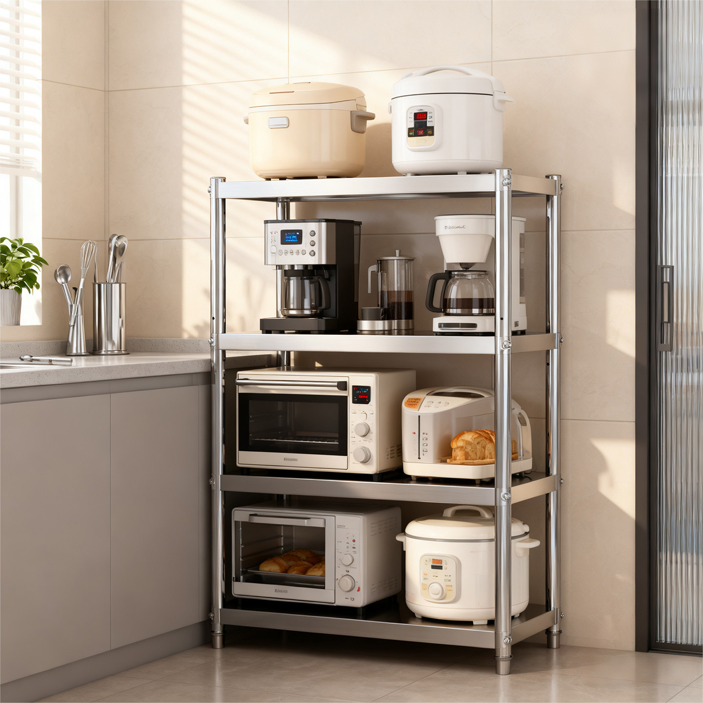 厨房不锈钢 4层置物架 加厚承重落地架微波炉烤箱锅具多层收纳架,厨房/烹饪用具,厨房置物架/置物柜/角架,淘宝优惠券,粉丝福利购,淘宝优惠卷