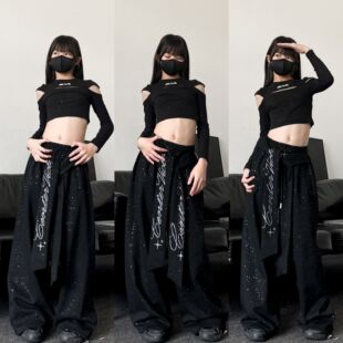 春季新款童装潮酷女童修身露肩长袖绑带满钻裤子少儿爵士舞套装