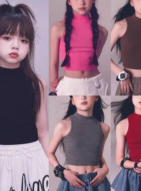 女童宝宝纯棉背心无袖吊带高腰爵士舞修身露脐表演出练功服亲子