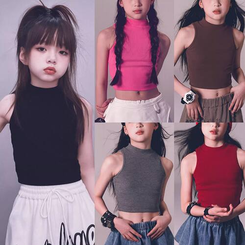 女童宝宝纯棉背心无袖吊带高腰爵士舞修身露脐表演出练功服亲子