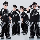 嘻哈短袖 街舞儿童潮服少儿hiphop机车短袖 女童夏季 男童街舞演出服