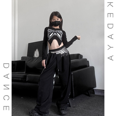 女童爵士舞长袖T恤辣妹露脐上衣宽松束脚卫裤少儿街舞演出服套装