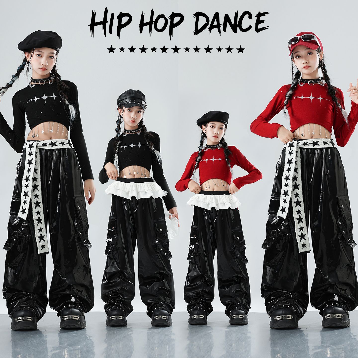 爵士舞女童服装黑色jazz舞蹈练功服街舞甜酷风女孩走秀儿童演出服