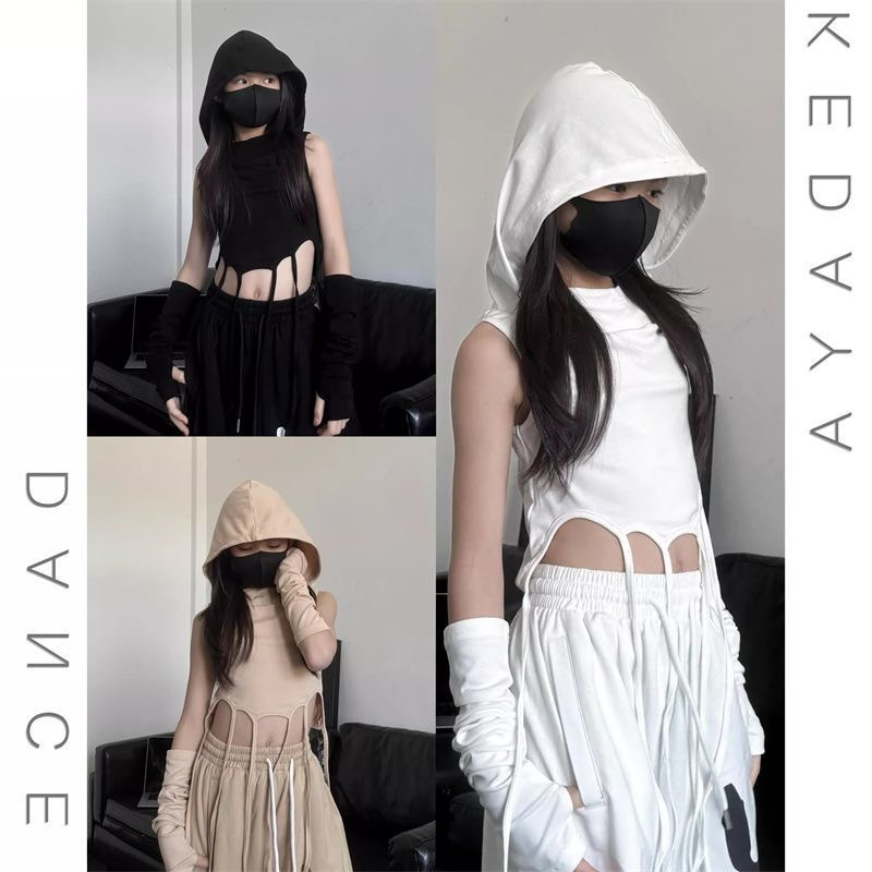 2025新款童装春夏新款潮酷女童废土风连帽无袖背心袖套爵士舞上衣