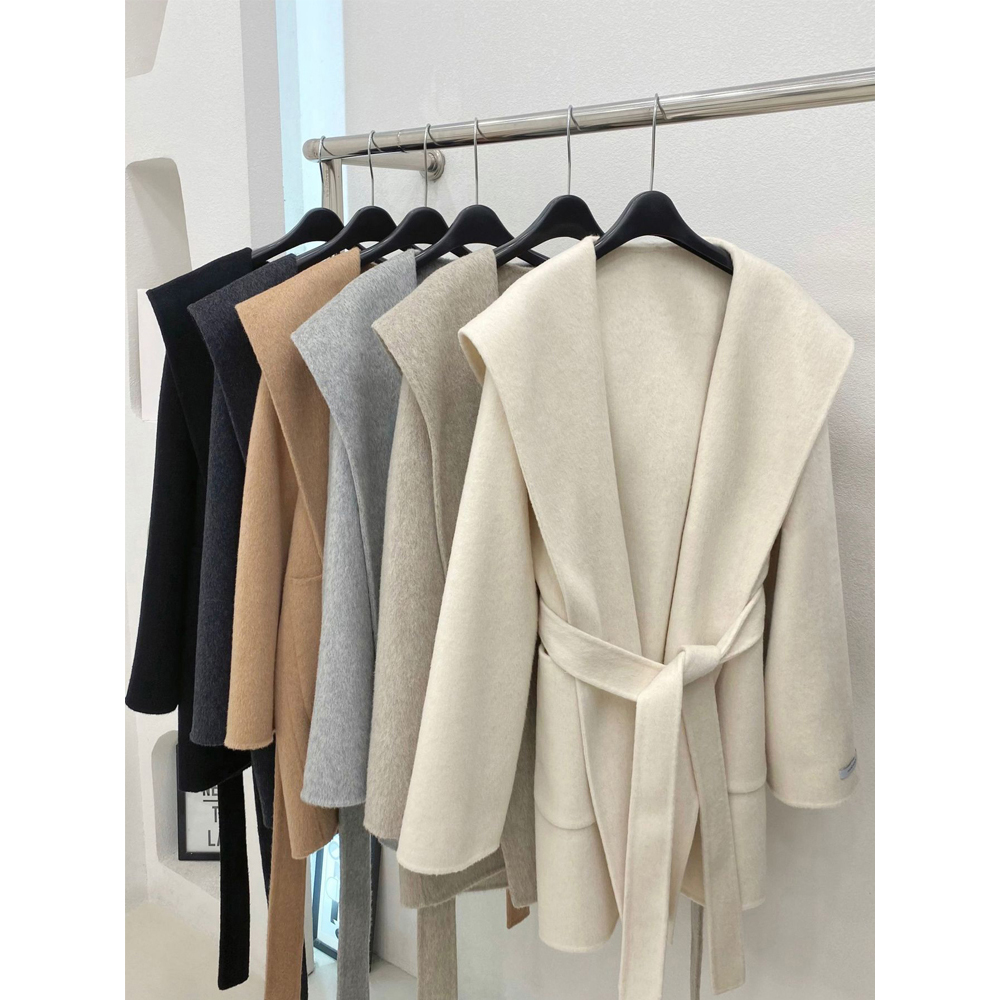 连帽系带双面羊绒大衣女小个子短款冬加厚韩版宽松气质羊毛呢外套