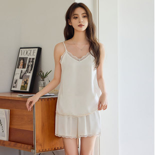法式蕾丝V领吊带睡衣套装女夏季醋酸宽松家居女款2025新款夏冰丝