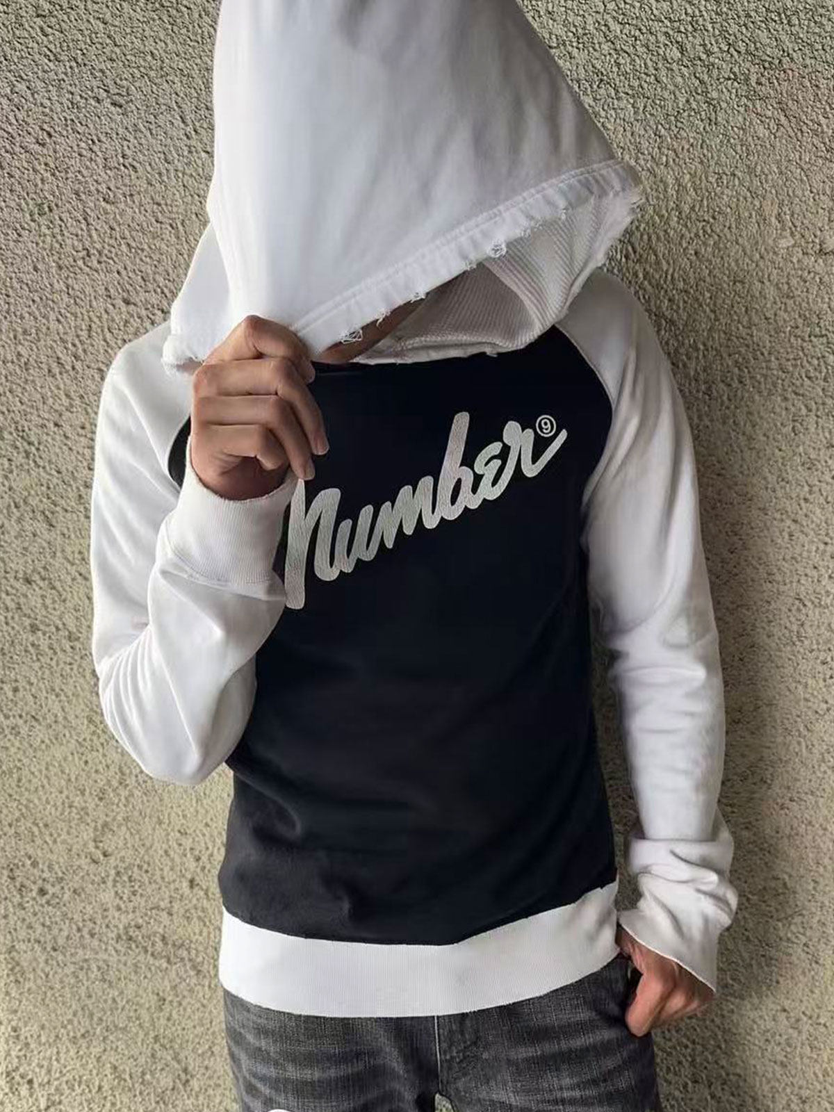thumbnail for Independent number(N)ine the high streets hoodie05AW black and white spliced cracked sweatshirt