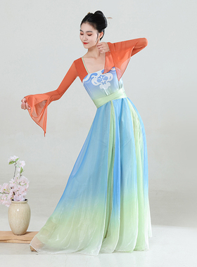 古典舞蹈服女飘逸仙气古风纱衣练功服中国舞长款连衣裙汉唐舞蹈服