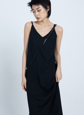 CYX黑色长裙吊带裙女夏新裙子打底显瘦直筒开叉v领雪纺长款连衣裙