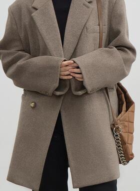 韩版宽肩毛呢西装夹棉外套中长呢子上衣2025秋冬女