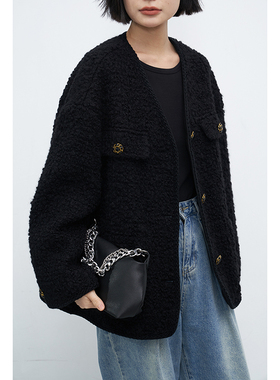 CHICVEN「回归主义」春小香毛呢外套女重工长袖复古V领粗花呢上衣