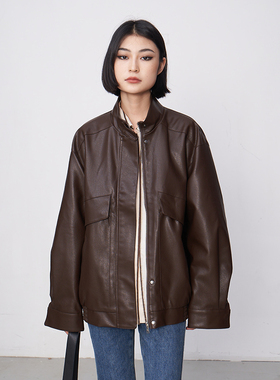 CHICVEN复古中性风酷感立领pu皮衣外套女长袖夹克小个子秋季新款