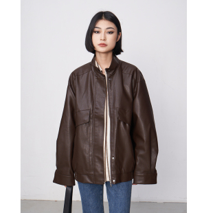 新款 CHICVEN复古中性风酷感立领pu皮衣外套女长袖 夹克小个子秋季