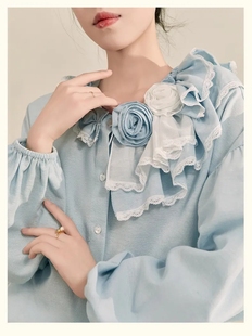 蓝色棉麻衬衫 秋季 洋气减龄长袖 气质女装 叠穿宫廷风蕾丝边上衣 新款