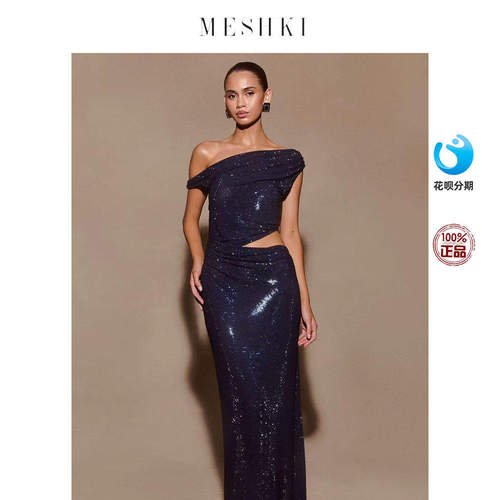Meshki 性感不对称镂空露腰修身斜肩亮片连衣裙女