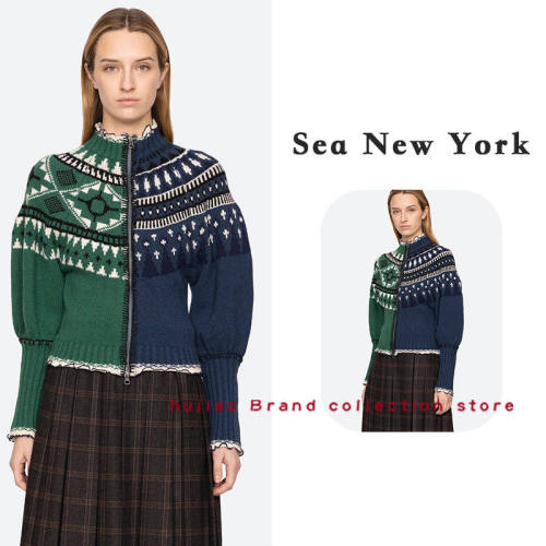 煳椒 Sea New York 25早秋 泡泡袖嵌花羊毛针织拉链开衫毛衣