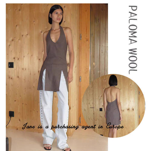 国现 西班牙 PALOMA WOOL 纯欲性感纯色挂脖露背开衩连衣裙