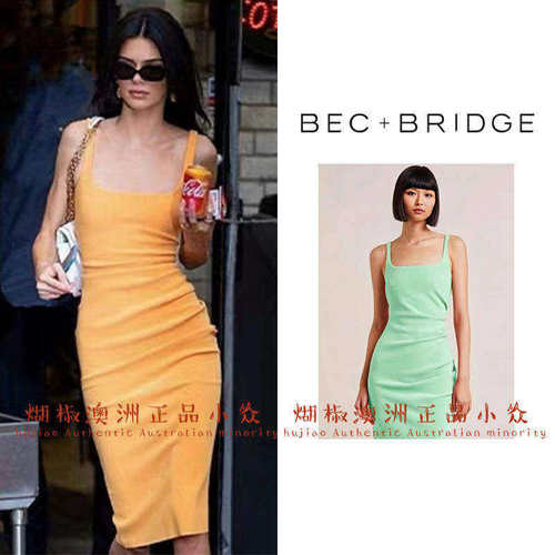 现货煳椒 澳洲 bec bridge 肯豆方领吊带过膝包臀无袖连衣裙