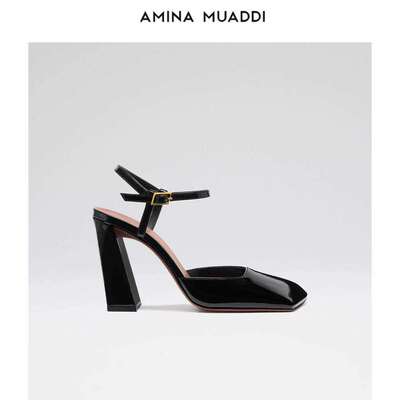 Amina Muaddi  法式复古方头粗跟高跟鞋一字扣凉鞋