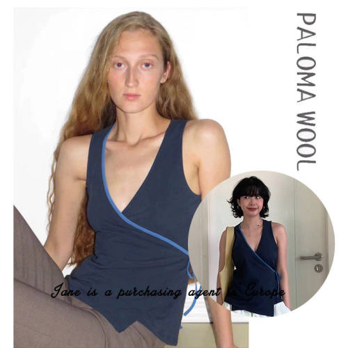 国现 PALOMA WOOL 25新款西班牙蓝色拼接包裹系带V领无袖背心上衣