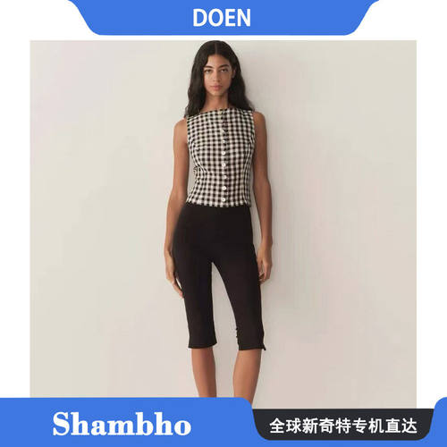 ShambhoDOEN 新款法式田园风格纹前系扣修身无袖背心上衣