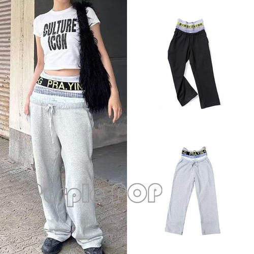 POP买手店 Praying 运动通勤风假两件宽松休闲高腰直筒卫裤