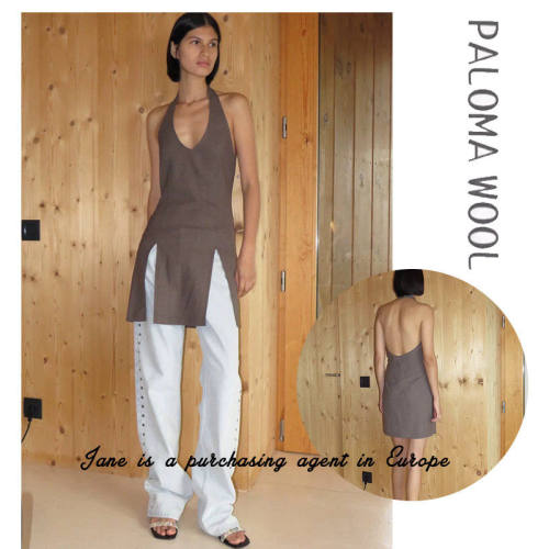 国现 PALOMA WOOL 纯欲性感走秀款混搭咖啡色挂脖露背开叉连衣裙