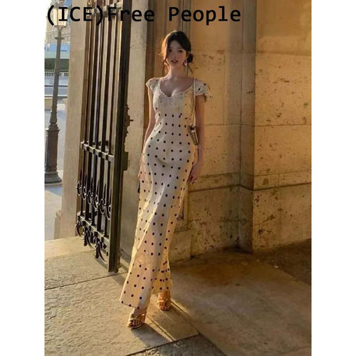 虞书欣同款波点蕾丝拼接长裙女