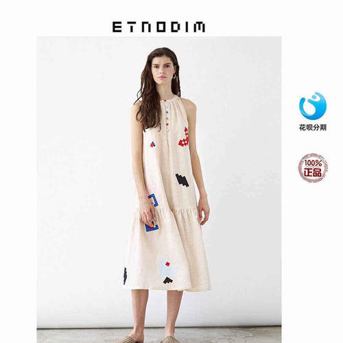 Etnodim 24春夏新款圆领贴花刺绣无袖背心连衣裙