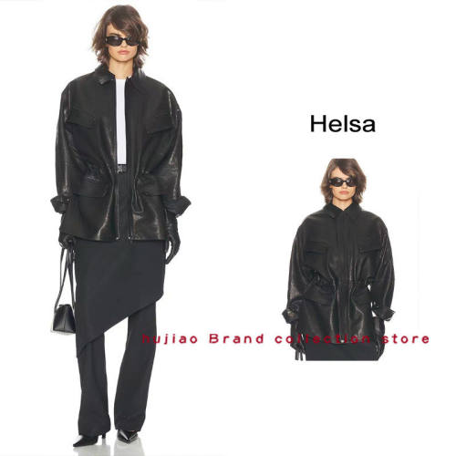 煳椒 Helsa 新款黑色羊羔皮掐褶收腰宽松机车夹克翻领外套