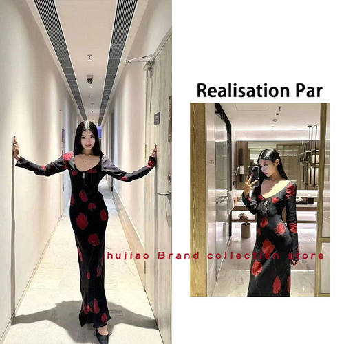 煳椒 Realisationpar 性感V领黑色碎花长袖真丝长裙连衣裙
