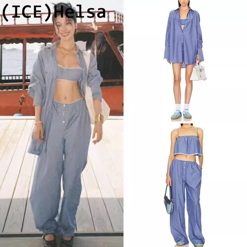 ElsaHosk蓝色条纹衬衫吊带长裤