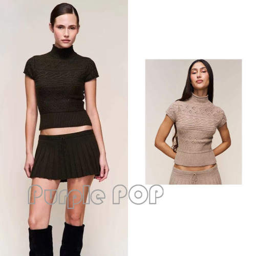 POP买手店 Danielle Guizio 时尚菱格纹高领短袖修身套头上衣