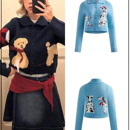 趣味狗狗刺绣翻领针织毛衣开衫