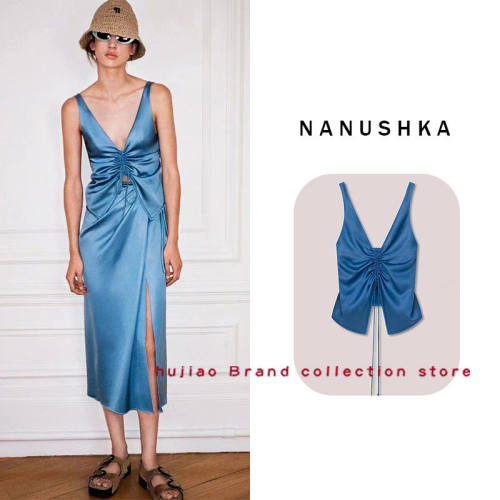 煳椒 Nanushka 缎面深v设计感低胸抽绳绑带上衣开叉中长款半身裙