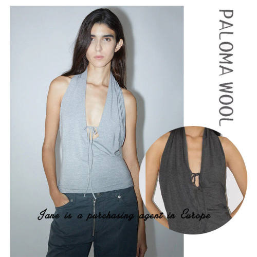 国现 PALOMA WOOL 25夏季新款性感深V领挂脖绑带露肩露背背心上衣