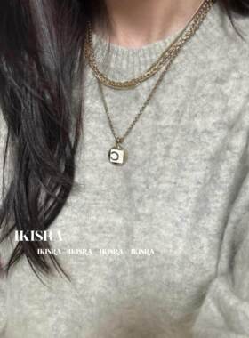 26C黑白色方圆珐琅项链锁骨链