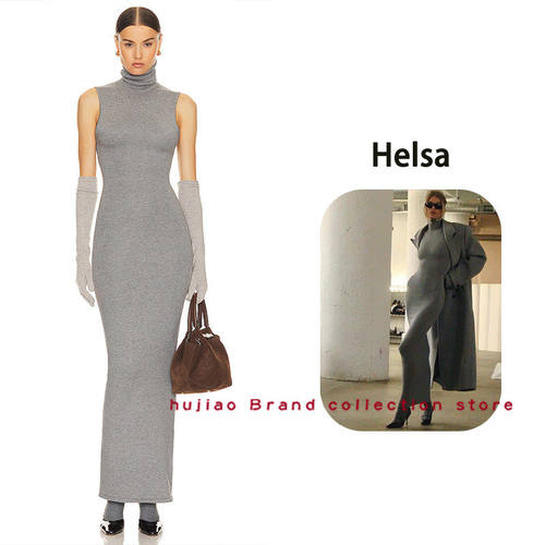 煳椒 Helsa 新款灰色高领无袖修身收腰连衣裙内搭包臀长裙