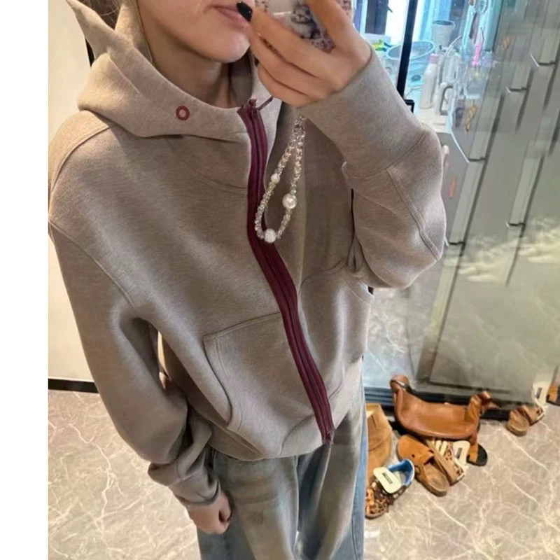 HANYI 正品秋冬新款时尚拼色拉链开衫外套卫衣女潮款休闲上衣