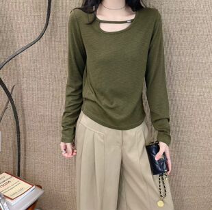 韩系26秋小心机镂空纯色长袖T恤女新款韩版简约显瘦百搭上衣
