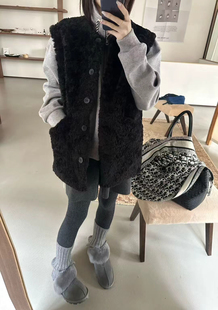 休闲毛毛外套 时髦羊羔毛马甲女保暖无袖 韩伊hang正品 秋冬中长款