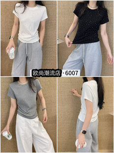 精致小心机辣妹上衣2026春夏 时尚显瘦闪钻小版正肩T恤女上衣潮