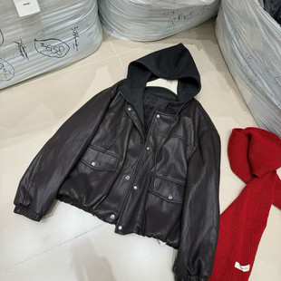 韩系假两件连帽皮衣女2025年冬季正肩短款休闲百搭加绒夹克外套