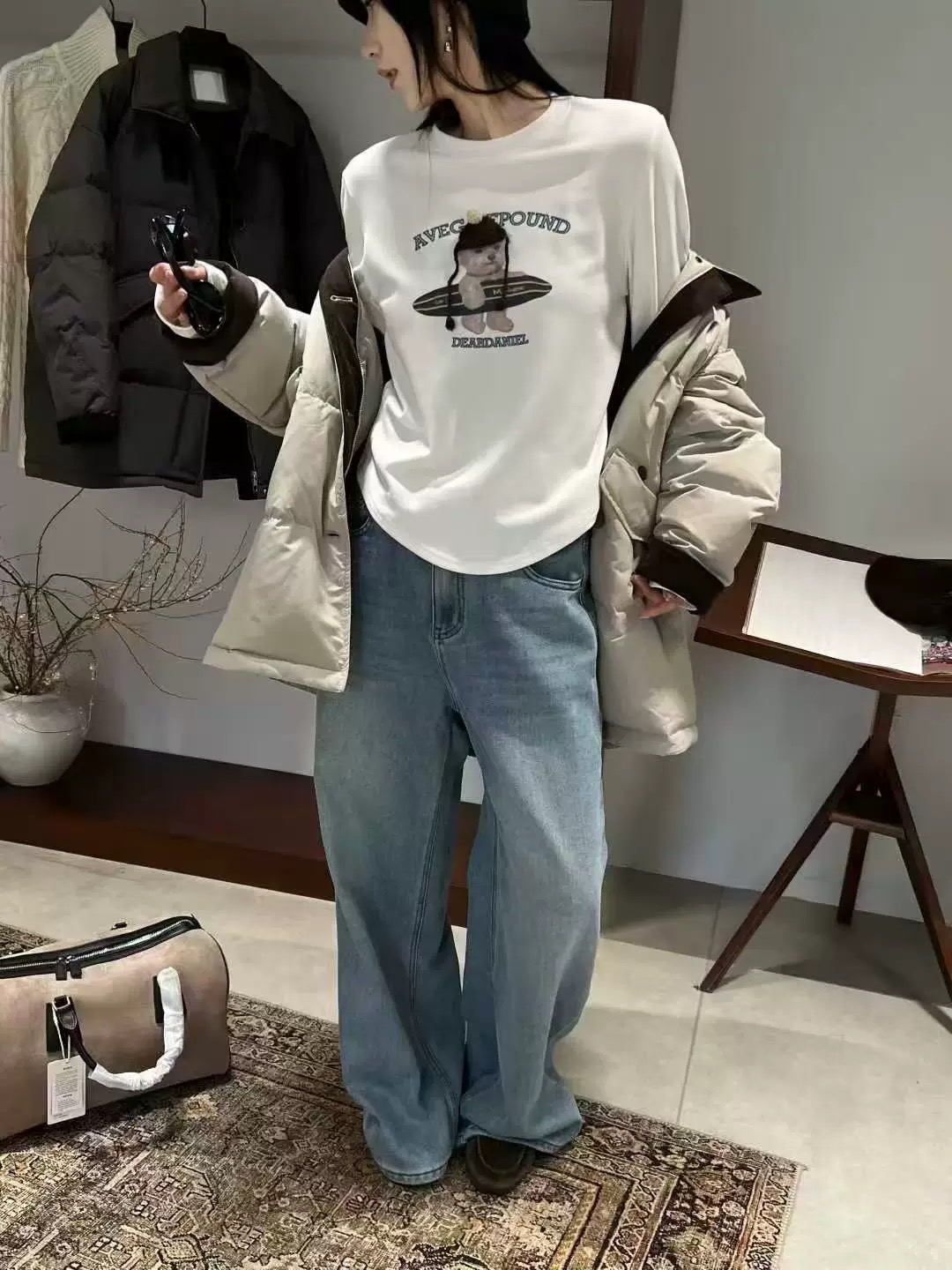 韩伊hanyi正品25冬卡通帽子用工艺德绒保暖长袖T恤打底女上衣