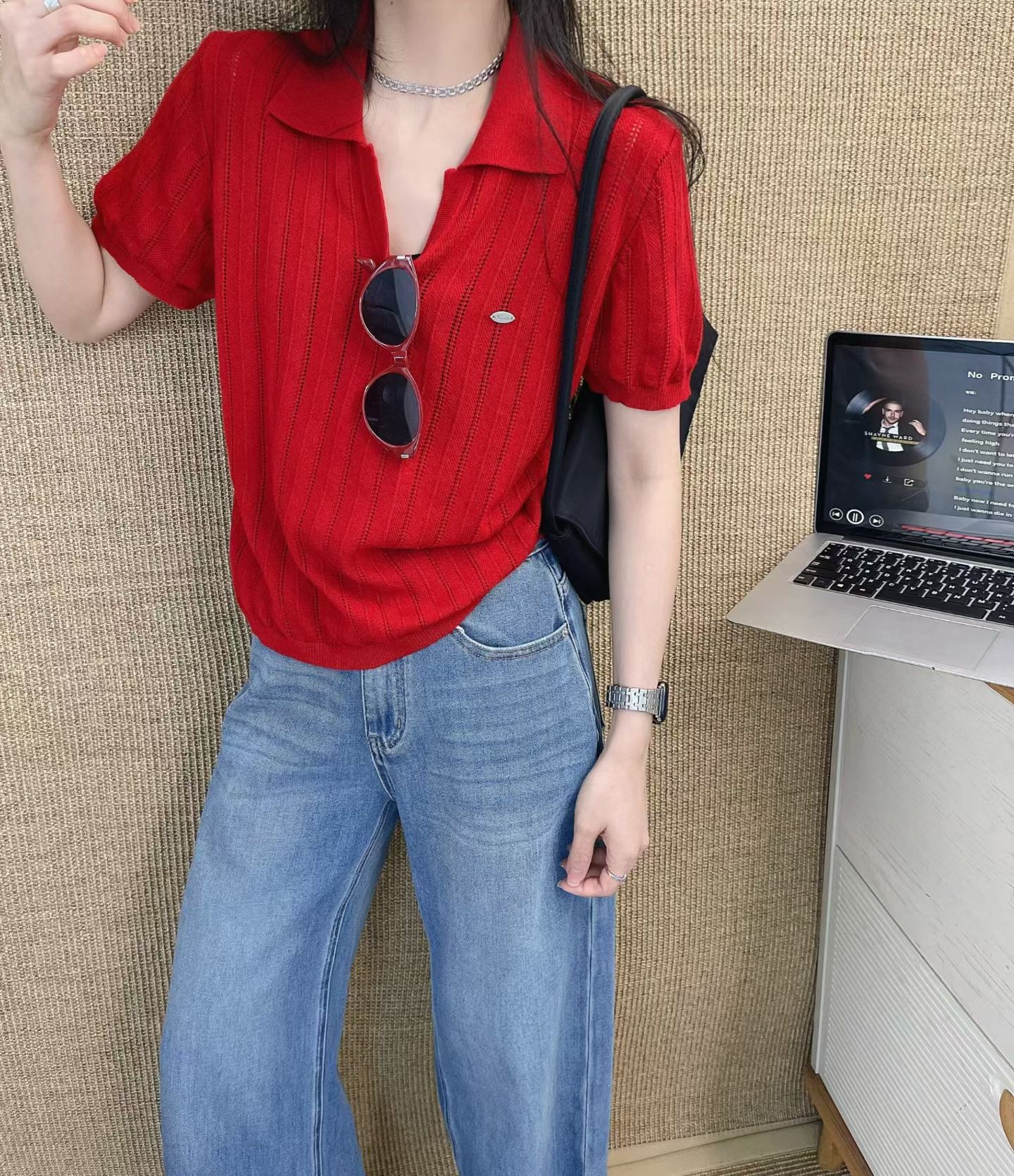 韩范26年春夏Polo领麻花透视钩花镂空针织衫女宽松显瘦百搭上衣