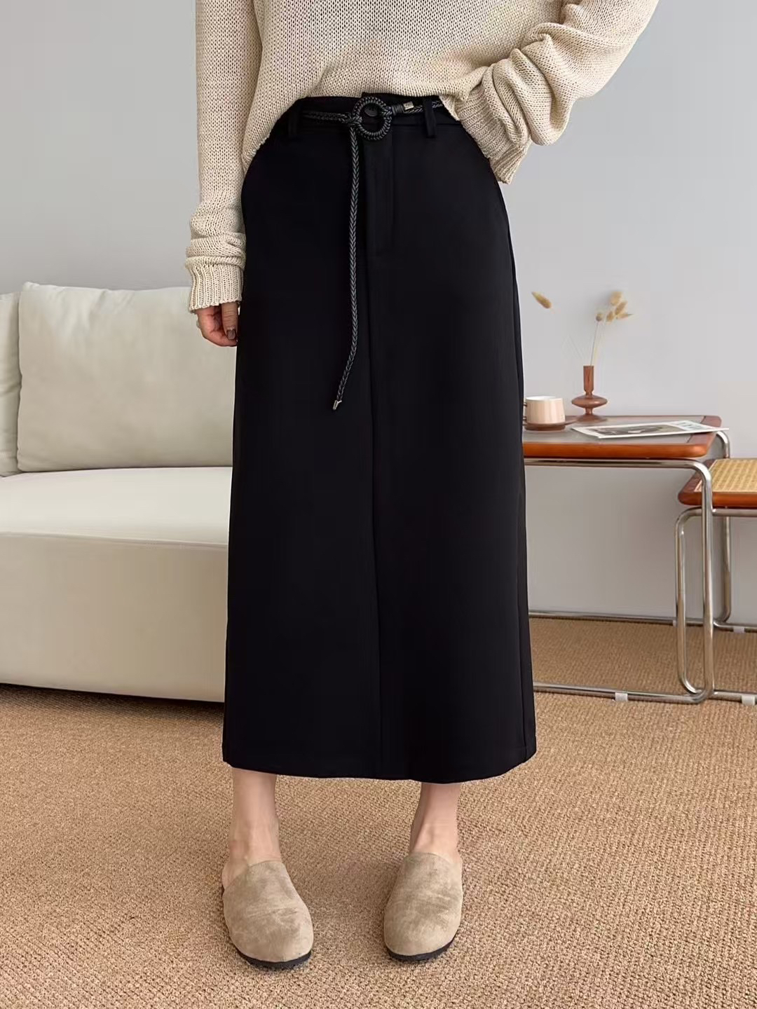 设计感高腰抽绳半身裙女秋季新款弹力棉显瘦休闲直筒长裙子